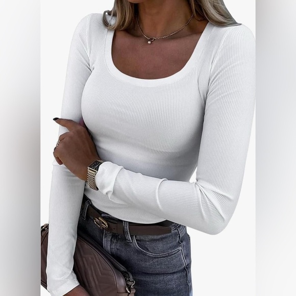 NEW White Ribbed Scoop Neck Long Sleeve Shirt - Picture 1 of 8